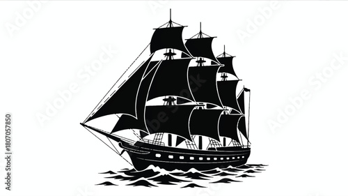 A black and white silhouette illustration of a large sailing ship with multiple masts and sails 
