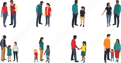 Diverse family interactions depicted in simplified color vector illustrations