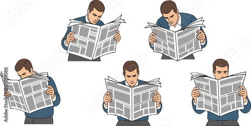 Men attentively reading newspapers with varied focus in a group graphic