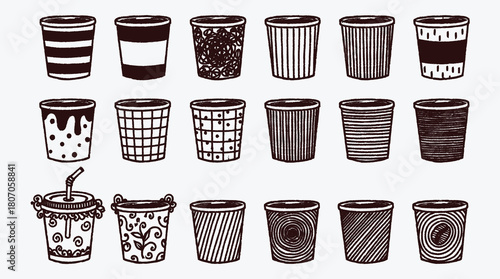 Variety of Doodle Style Paper Cups with Diverse Graphic Designs