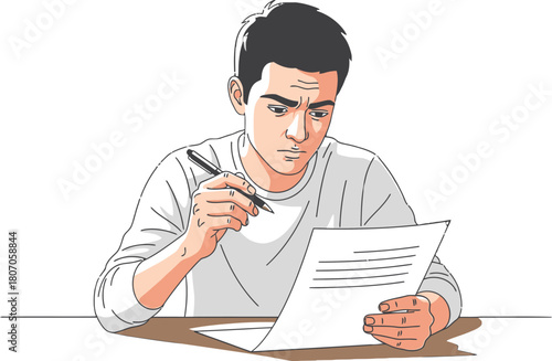 Focused student contemplating complex document with serious expression