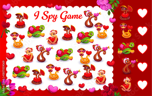I spy game with Valentines day snake characters. St Valentine day calculation quiz vector worksheet, love holiday riddle. Counting kids game or puzzle with cute snakes animals asian characters