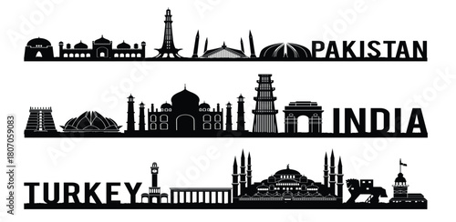 Pakistan Turkey India famous landmark silhouette style with black and white classic color design include by country name