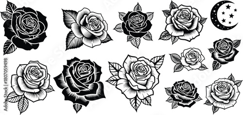 Flat vector illustration of rose flower tattoo designs, black and white floral art, crescent moon with stars, decorative elements