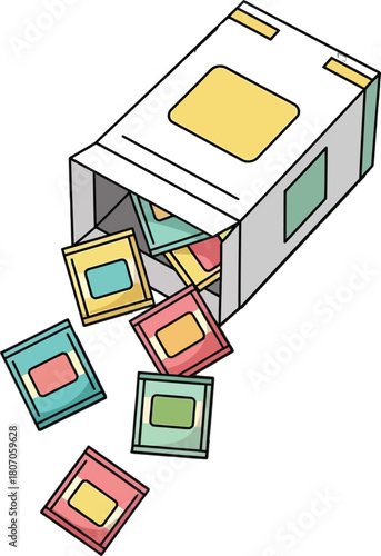 A box of colorful sachets spilling out with assorted squares contents