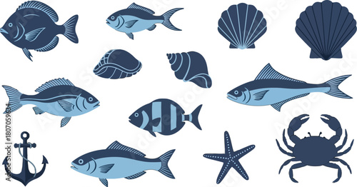 Nautical-themed vector collection featuring marine life and sailing elements
