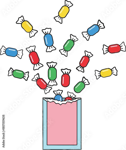 Colorful candy explosion spilling from an open container illustration
