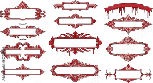 Elegant crimson decorative frames with ornate detailing, suitable for labels