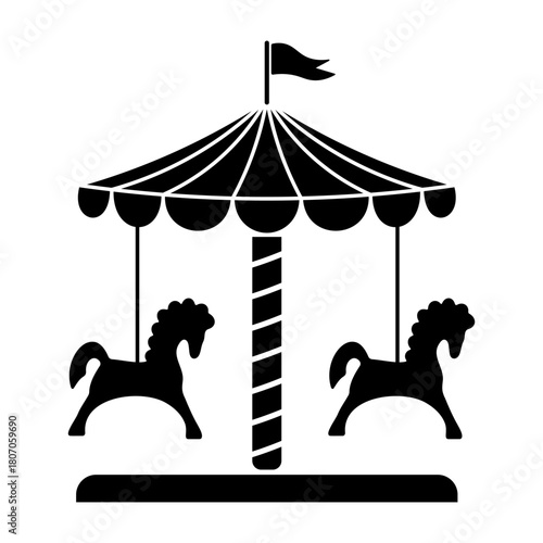 Carousel Silhouette with Horses Vector Illustration. Perfect for amusement park themes, kids designs, logos, signage, posters, stickers and fairground illustrations.