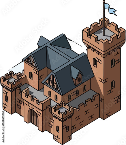 Detailed cartoon isometric illustration of fortified medieval stronghold