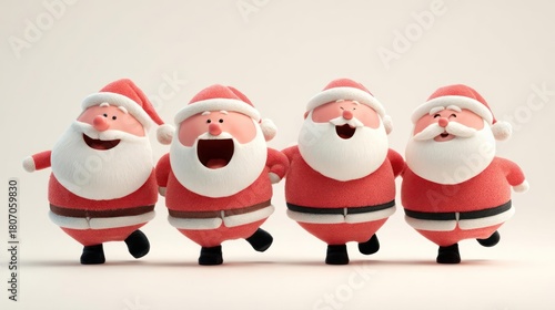 Four cheerful cartoon santa claus characters with white beards and red suits joyfully singing together in a line