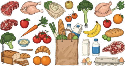 Vibrant grocery assortment illustration showcasing a variety of food items