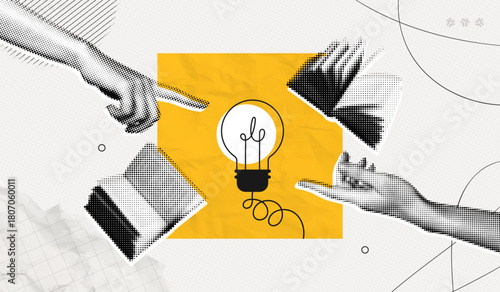 Trendy Halftone Collage Woman Hand with Lightbulb and Books. Study and education concept. New ideas and solutions in business. Creative mind or brainstorm. Contemporary vector illustration art