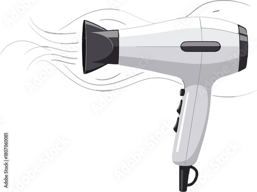 Stylized illustration of a hair dryer emitting airflow on white