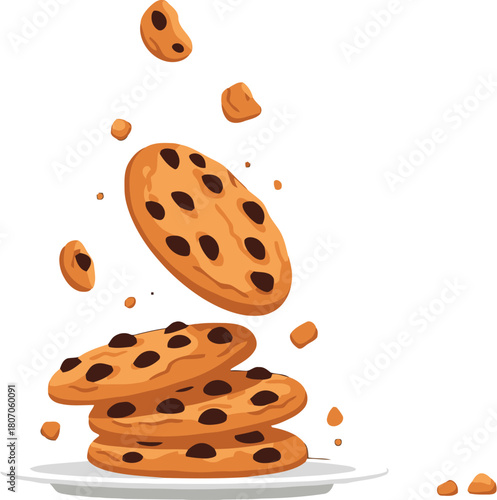 Delicious chocolate chip cookies falling on a stack of cookies drawing