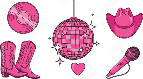 Pink cowgirl disco party elements illustration for entertainment events