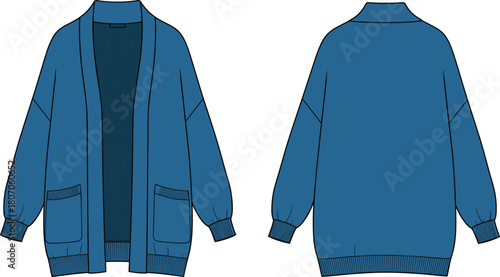 Blue open front cardigan technical flat sketch with patch pockets and ribbed cuffs, oversized vector illustration for knitwear.