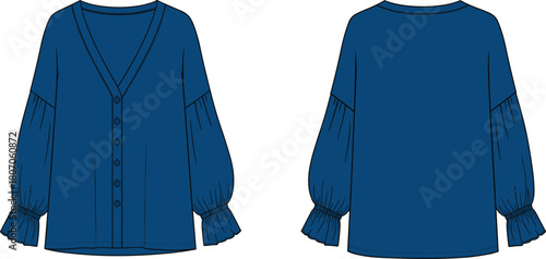 Blue V-neck cardigan technical fashion flat sketch with puff sleeves and ruffle cuffs, front and back view vector illustration.