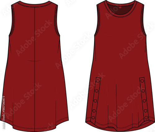 Burgundy sleeveless tunic dress technical flat sketch with front pleat and button details, A-line vector illustration.