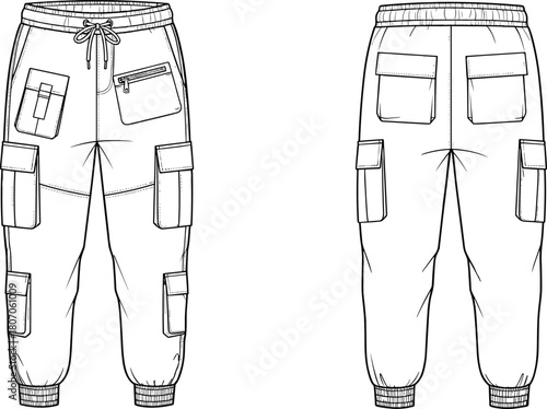Cargo joggers technical fashion flat sketch with drawstring waist and multiple utility pockets, front and back view vector illustration.