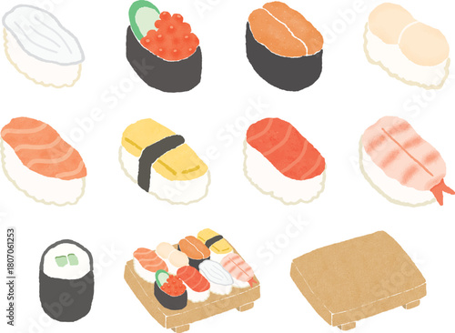 手描き風のいろいろな握り寿司のイラストセット