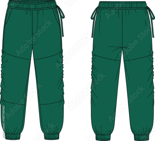 Dark green ruched joggers technical drawing, fashion flat vector with elastic waistband and cuffs, front and back view illustration.