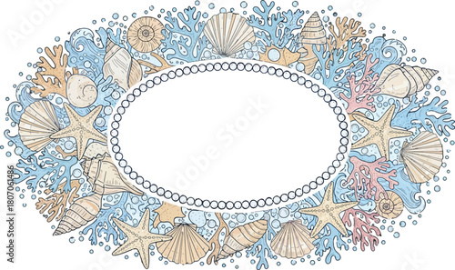 Elegant marine frame with seashells, starfishes and corals decoration vector