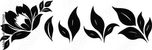 floral, flower, rose, bloom, blossom, leaves, foliage, botanical, nature, silhouette, black, icon, design, element, graphic, decorative, organic, plant, growth, beauty, elegant, artistic, vintage, ret