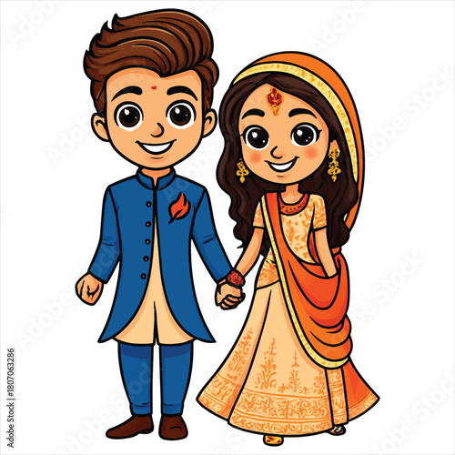 Traditional Indian Couple Vector – Wedding Attire & Festive Charm