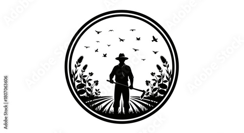 Silhouette of a farmer holding a hoe in a field, surrounded by plants and birds within a circular frame.