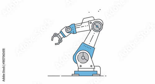 Robotic arm illustration with blue accents, showcasing automation and precision.