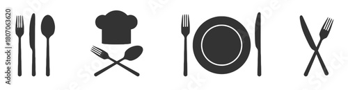 cutlery, fork, knife, spoon, chef hat, plate, dining, restaurant, food, cooking, kitchen, icon, symbol, graphic, black and white, silhouette, design element, illustration, meal, service, catering, col