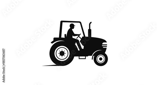 Silhouette illustration of a farmer driving a tractor. The tractor is moving forward, depicted in black against a white background.