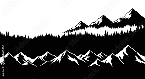 A stark black and white illustration of mountain ranges and a forest.