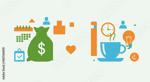 An illustrated depiction of finance, time management, and creative ideas.
