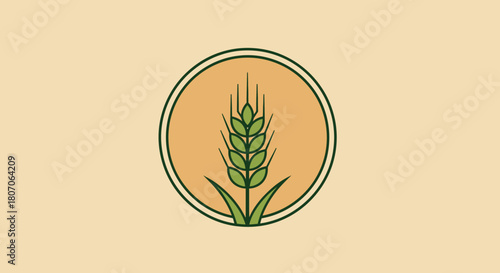 A stylized illustration of a wheat stalk inside a circular frame, representing agriculture.