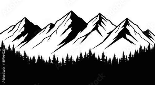 A black and white illustration of mountain peaks and coniferous trees.
