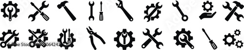 vector, gears, silhouette, tools, rows., technical, building, illustration, arranged, cogwheel, hammers, icon, collection, symbol, graphic, industrial, workshop, design, (266), service, engineering, c