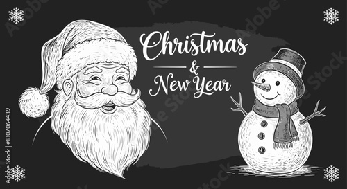 Illustration of Santa Claus with a hat and a snowman with a scarf, celebrating Christmas and New Year's on a dark background.
