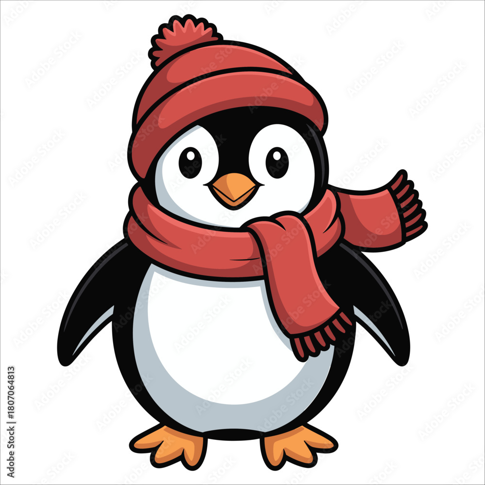 Naklejka premium Cartoon penguin with a red hat and scarf isolated on