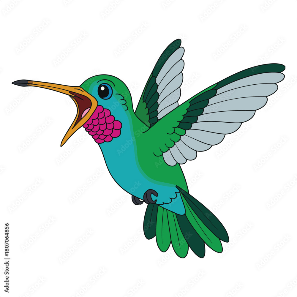 Obraz premium Illustration of a green and blue hummingbird with its beak open isolated on