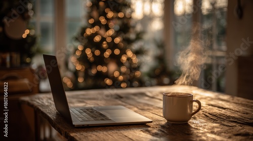 Cozy Workspace with Hot Beverage: A warm, inviting scene of a laptop and steaming mug on a wooden table, with a softly illuminated Christmas tree, creating a perfect atmosphere.