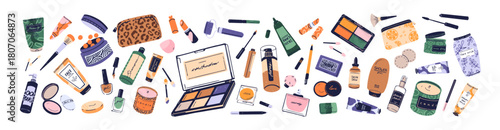 Set of beauty products, makeup accessories. Different decorative and skin care cosmetics for visage, make up: creams, mascara, eyeshadows, SPF. Flat isolated vector illustrations on white background.