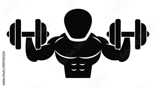 Silhouette of Bodybuilder Lifting Weights - Fitness Training and Strong Muscular Body Icon in Black and White                                         