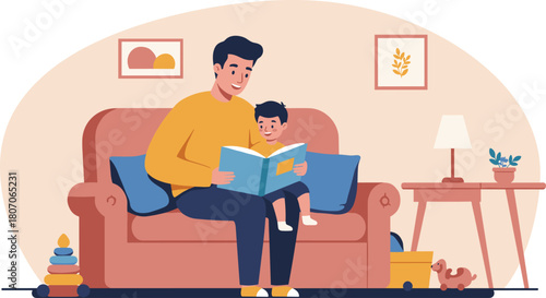 Father reading book to child, cozy living room, family bonding, parenting moment, home education, smiling faces, warm light, indoor lifestyle