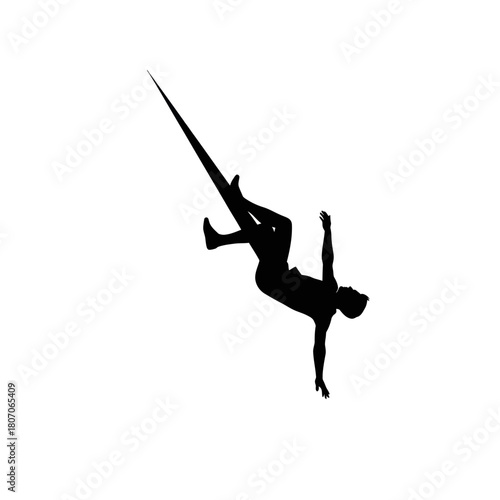Silhouette of a person falling from a great height with a rope.