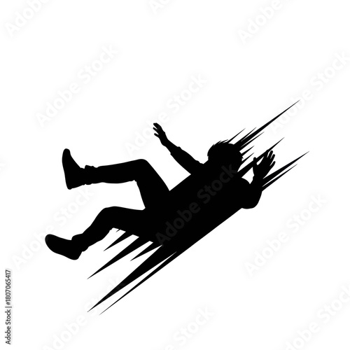 Silhouette of a person falling rapidly through the air with speed lines.
