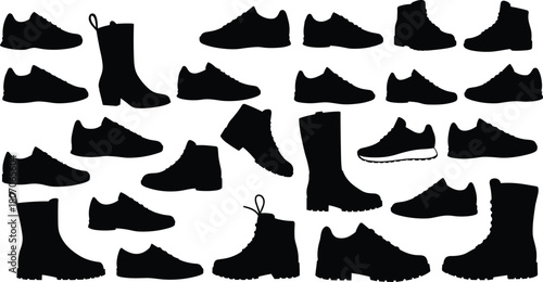 Footwear silhouette collection, black shoe icons, sneaker boot dress shoe set, fashion design elements, vector illustration, isolated clipart pack