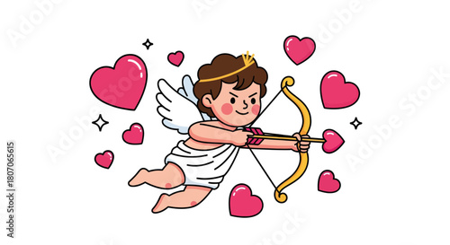 Cupid with Bow and Arrow Aiming at Hearts A Valentine's Day Illustration