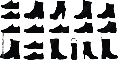 Footwear silhouettes, black shoe icons, sneaker outline, boot vector, high heel graphic, fashion shoes, footwear set, stylish shoe shapes
